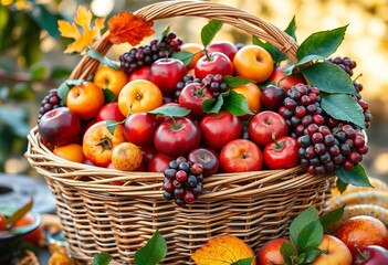 A overflowing wicker basket brimming with ripe autumn fruits, food, ripe