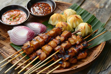 Close-up of Asian Satay Platter with Sauces and Dumplings on Banana Leaves
