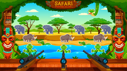 African safari hunting carnival shoot game, amusement park shooting range. Cartoon vector arcade gallery with Africa animals, tribal masks, guns, target props evoking wildlife adventure and family fun
