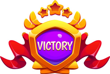 Victory award game icon or UI badge asset for level complete congrats, vector GUI banner. Victory badge or game winner award with cartoon golden wings, stars and red ribbon pennant on shield