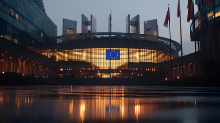 European Parliament Building At Night With Reflection