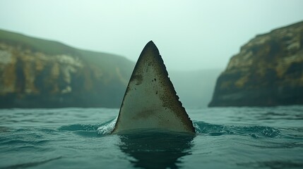 Shark fin emerging from water, misty backdrop