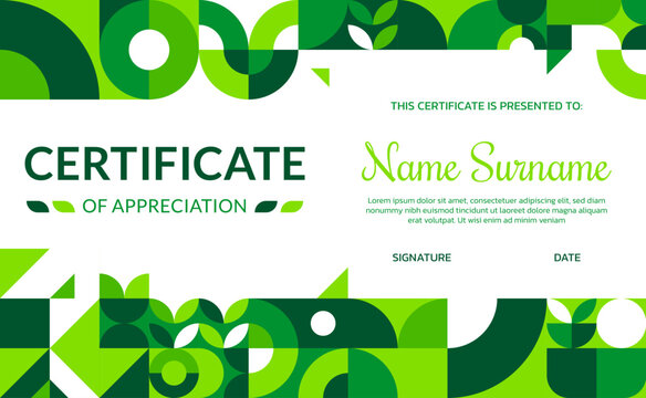 Ecology business certificate template, environment geometric pattern and green shapes. Vector modern environmental diploma of appreciation layout with abstract modular pattern and natural elements