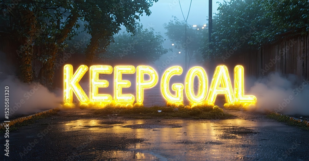 Poster bright glowing text spells keep goal on wet asphalt. fog obscures background, creating dramatic mood