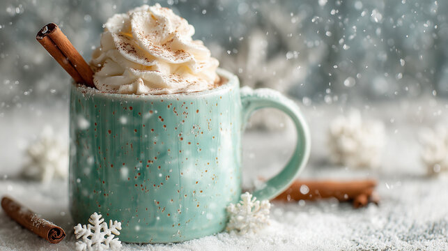 Christmas mug with whipped cream and cinnamon stick, surrounded by snowflakes on white