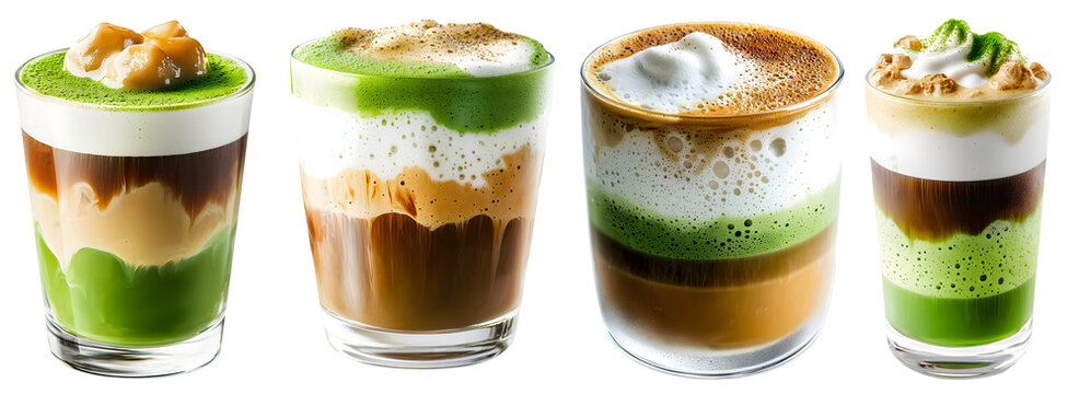 PNG colorful matcha and espresso latte art in transparent glasses isolated on white