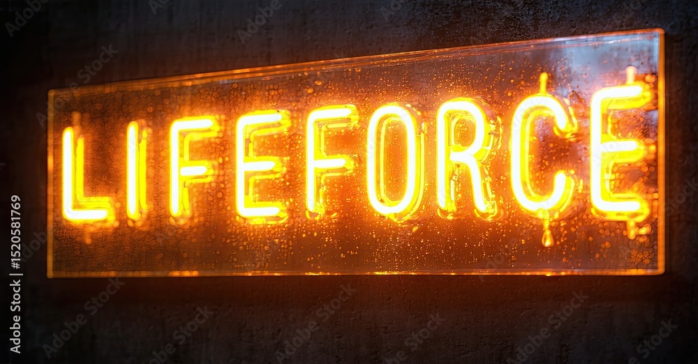 Aufkleber bright neon sign spells lifeforece. dark background emphasizes glowing orange illumination. wet text