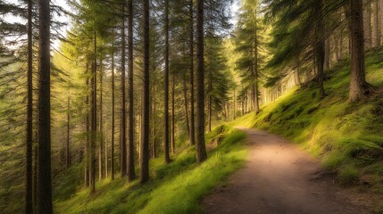 Obraz premium Sunlit path through a coniferous forest