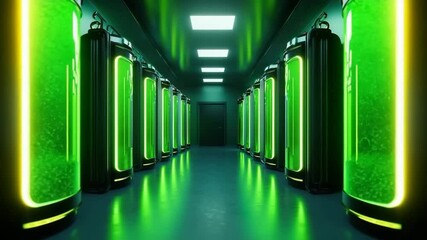 Dark corridor filled with illuminated green containment tanks under bright ceiling lights suggesting high-tech biotechnology environment
