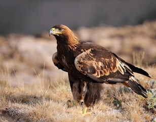 Fototapeta premium Majestic Golden Eagle Standing on Rocky Cliff with Mountain Background