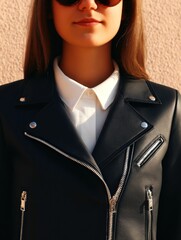 Close-up of woman's black leather jacket over white shirt