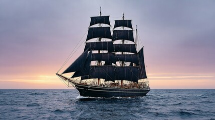 A large sailing vessel cuts through the water at sunset.