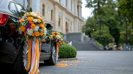 Black Car Decorated With Colorful Wedding Flowers