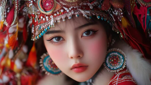 Close Up Portrait of a Young Woman with Ornate Headdress and Red Dress in Soft Lighting and Detailed Makeup for Adobe Stock