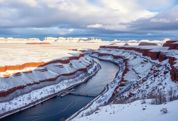 Colorado River meanders through snowy Grand Junction, mesas rise in background, aerial photography, winter landscape