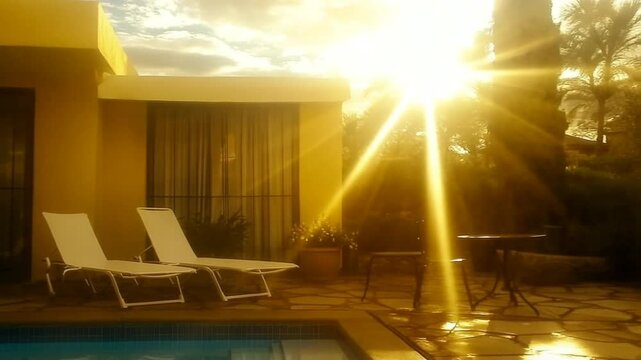 Sunlight Reflection Over Poolside Chairs in Garden