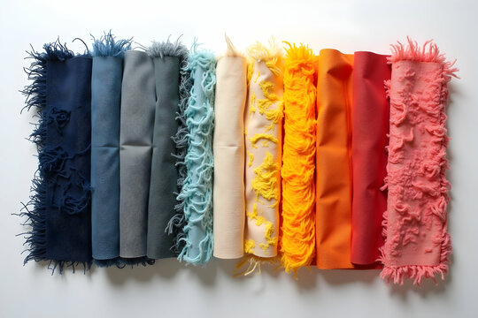 Vibrant textile display showcasing an array of colorful textures and hues in a flat lay composition, bringing a sense of artistic flair