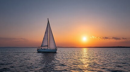 Sailboat at sunset on calm water.