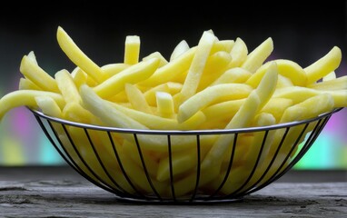 Golden fries in a metal basket