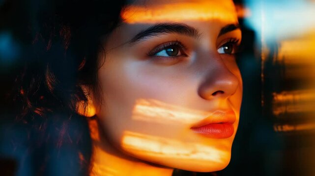 Close Up Profile of Young Woman with Golden Light Reflections on Skin and Soft Focus Background for Adobe Stock Photos
