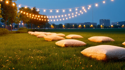 Inviting outdoor area at night featuring rows of pillows on a grassy field, illuminated by decorative string lights, evoking a cozy and serene atmosphere. Ideal for gatherings or relaxation.
