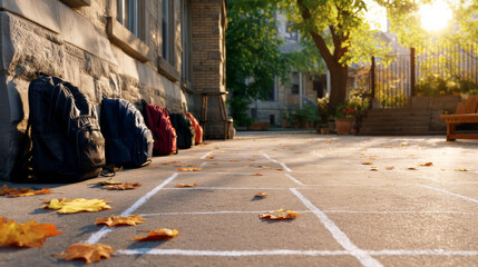 Obraz premium Outdoor scene with backpacks on a paved schoolyard under the morning sun, surrounded by fallen autumn leaves.