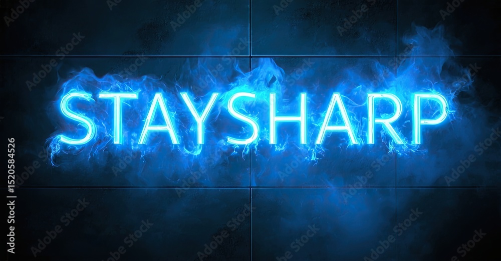 Poster bright neon sign displays staysharp. dark background features subtle tile pattern, smoke effects enh