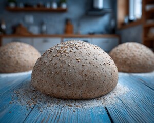 Dough balls on a blue wooden table