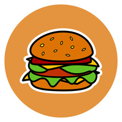 Colorful cartoon illustration of a delicious burger with lettuce, tomato, cheese, and sesame seed bun. Perfect for food-related content, menus, and children’s educational materials.