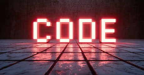 Bright red CODE lettering dominates dark tiled floor. Dramatic lighting creates strong shadows, emphasizing digital theme. Minimalist composition.