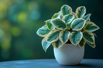 Variegated Pepper Face Plant in a White Pot on a Blue Tabletop