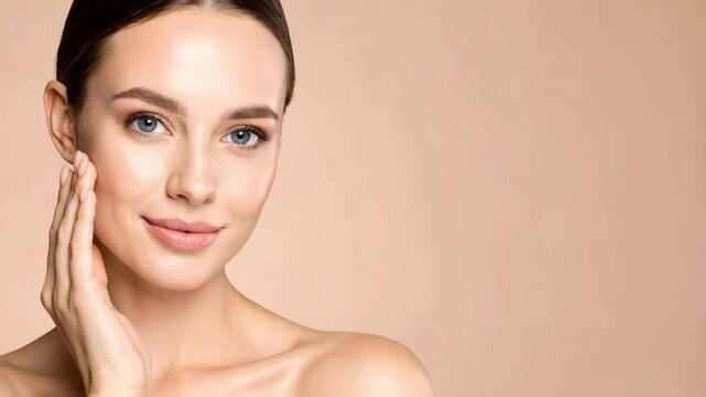 Close-up of a young attractive woman with hand touching cheek, beauty skincare concept on neutral background, health and wellness