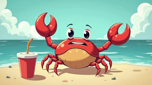 Cartoon crab sitting on the beach with a drink by the ocean  