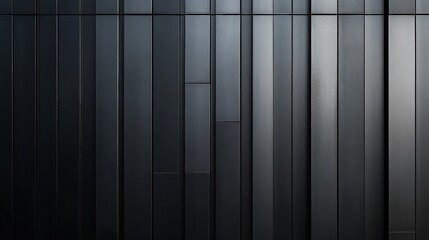 A dark gray metal panel wall with vertical rectangular panels of varying heights and subtle lighting