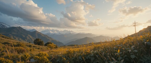 Serene Mountain Landscape at Sunset with Dramatic Cloud Formation