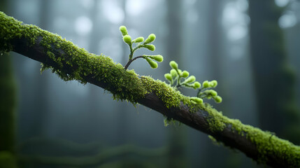 Closeup Branch With Moss And Buds In Misty Forest