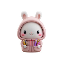 Adorable 3D Render of a Bunny in a Pink Hoodie Holding Colored Pencils