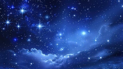 A celestial view of a night sky filled with twinkling stars and soft clouds in a dreamy blue hue