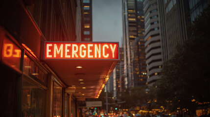 A glowing EMERGENCY sign illuminates a city street as dusk approaches, highlighting an urgent atmosphere