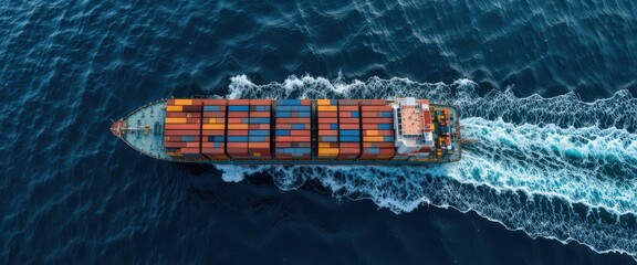 Container Ship Sailing Over Water in Bright Blue Ocean Aerial View