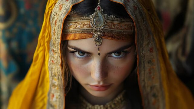 Intense Portrait Of A Young Woman With Piercing Gaze Wearing Ornate Gold Jewelry And Yellow Veil With Intricate Details And Dramatic Lighting