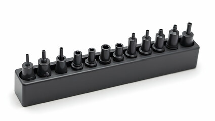 The Toolverse Socket set with 10 pieces in a plastic rail, shown from a side-top hybrid angle, isolated on white, ultra-realistic detail (3)