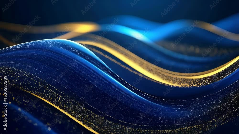 Poster Elegant deep blue and gold abstract wave background animation with smooth flowing lines and delicate shimmering particles in a seamless loop.