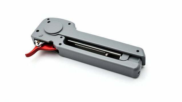 The Toolverse Staple gun in industrial gray with red trigger, angled top-down view, isolated on white, subtle metallic texture visible (2)