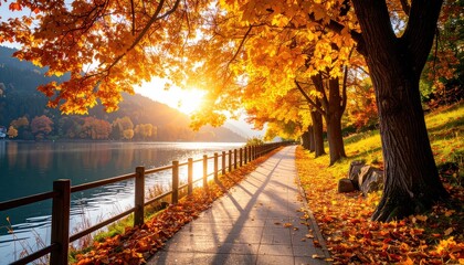 Golden Autumn Pathway: Sunlit Lake and Vibrant Maple Trees