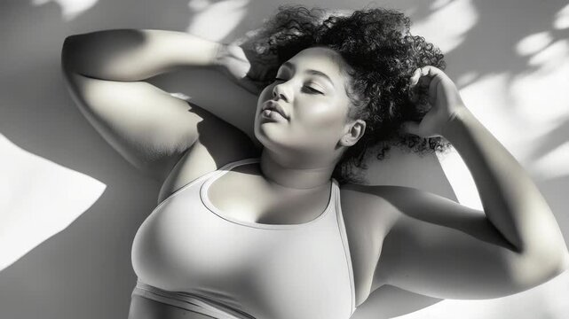 Monochrome Portrait of Plus Size Woman with Curly Hair Lying on a White Surface in a Bralette with Soft Lighting