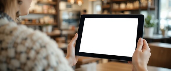 Female holding blank tablet in modern cafe setting for design