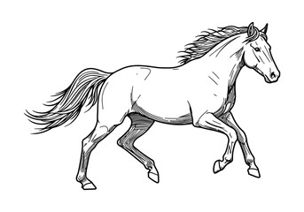Horse drawing of a galloping horse with dynamic pose in hand-drawn black and white style