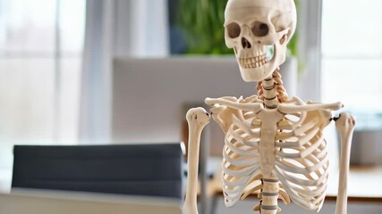 Skeleton sits at office desk, using a laptop computer in bright modern workplace with plants and equipment in the background.