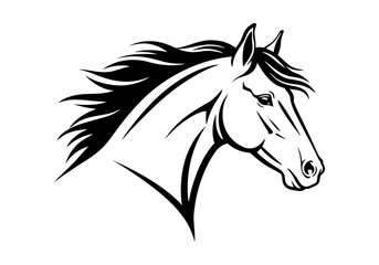 Horse drawing of horse head in profile with sleek lines and stylized mane in vector silhouette